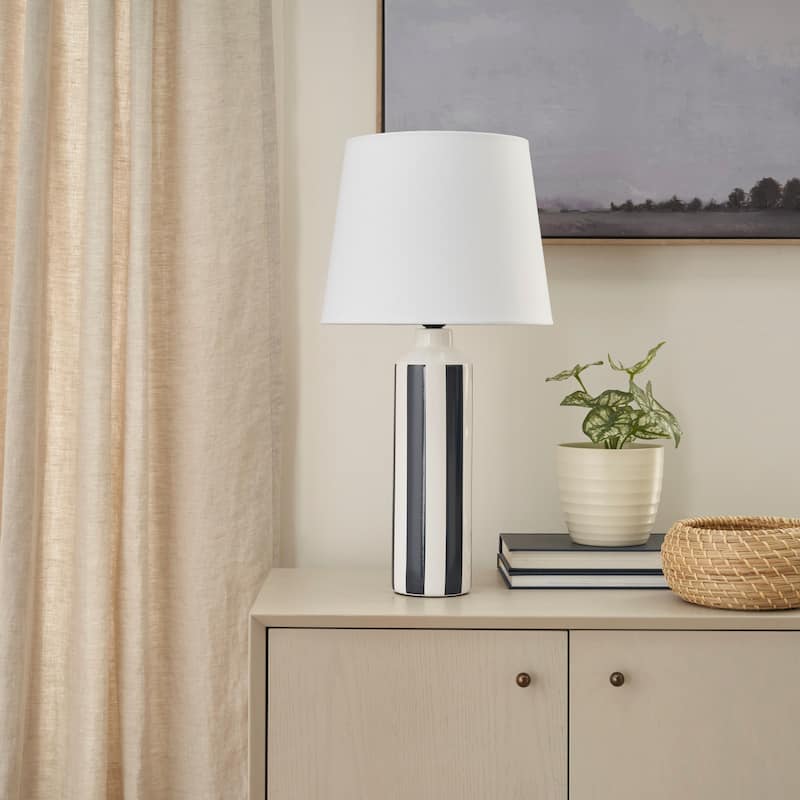 Nourison 22" Simple Coastal Ceramic Cylinder Table Lamp - Blue/White