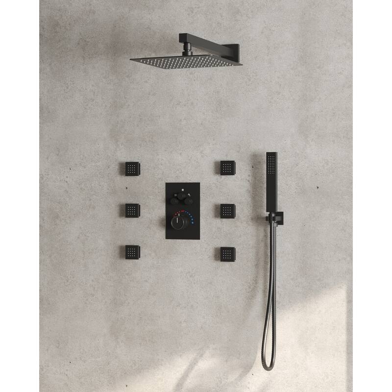 Thermostatic Shower System 12" Rain Shower Head with High Pressure Handheld Spray