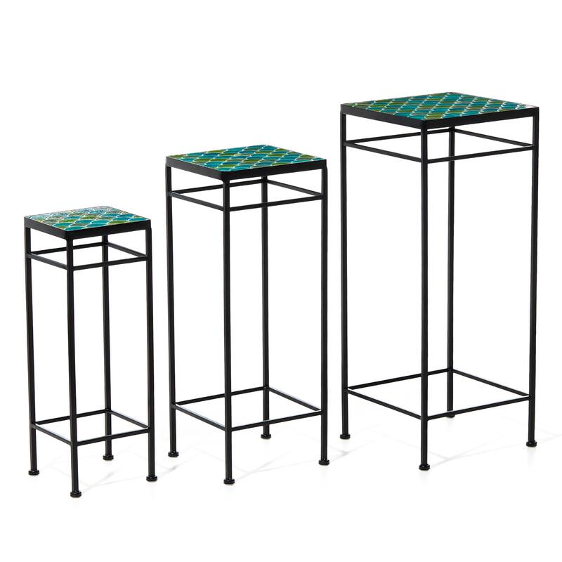 Glitzhome Set of 3 Metal Nesting Planter Stands Square Plant Holder with Green Pattern Ceramic Tiles Table Top