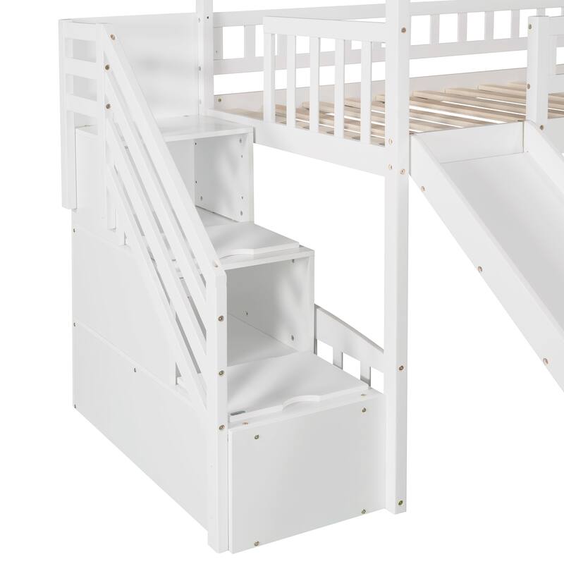 Twin Size House Loft Bed with 2 Drawers, Ladder and Slide, Wooden Loft
