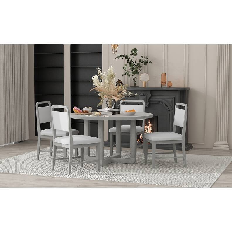 5-Piece Round Dining Table Set for 4 with Upholstered Chairs, Wood Dining Table Set with Radial Wood Grain Design Top