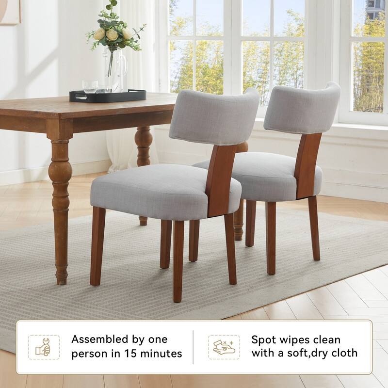 Set of 2 Linen Fabric Modern Armless Dining Chairs With Curved backrest and Solid Wooden Legs for Dining Room Living Room