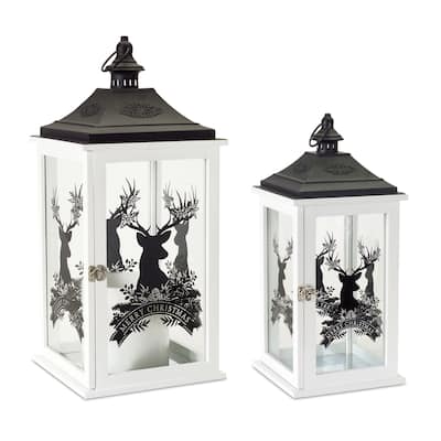 2 White Black Christmas Lantern an Artful Reindeer Silhouette 22.75"