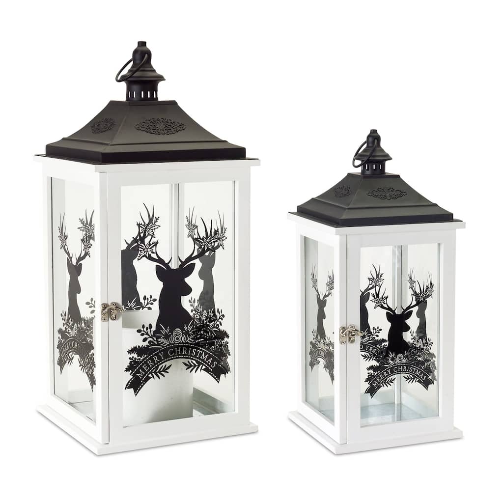 2 White Black Christmas Lantern an Artful Reindeer Silhouette 22.75"