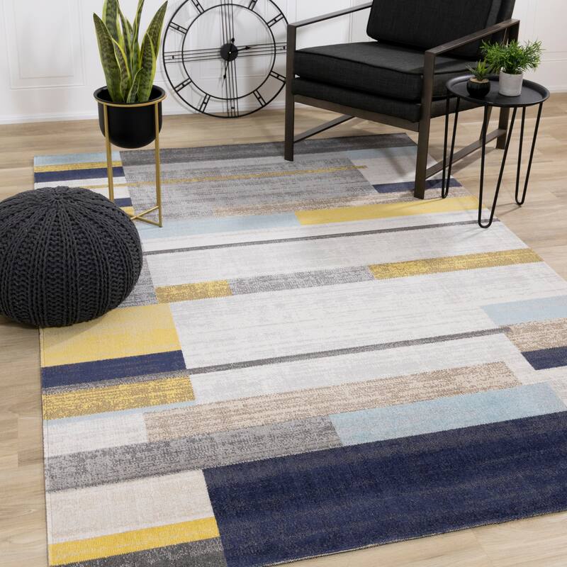 Alpine Rug Co. Spring Grey Yellow Blue Bold Stripes Indoor/Outdoor Area Rug