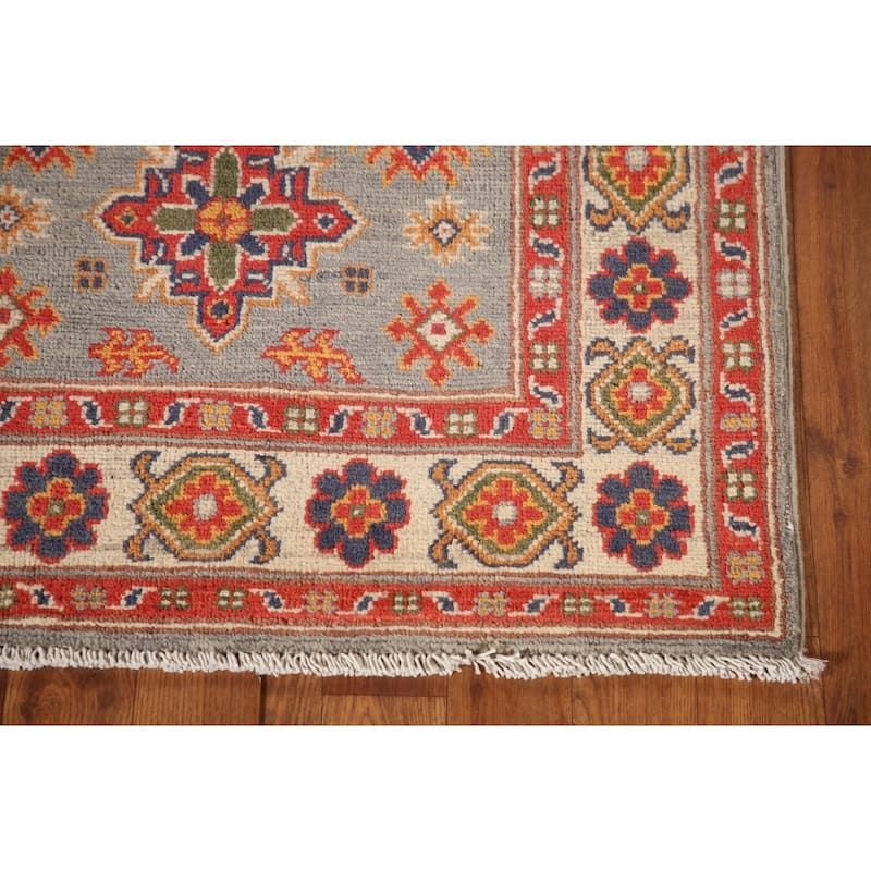Geometric Kazak Accent Rug Hand-Knotted Grey Wool Carpet - 2'8"x 4'2"