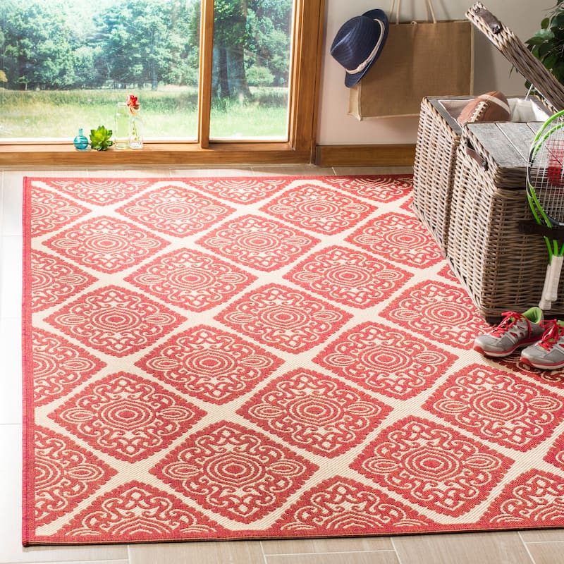 SAFAVIEH Linden Sharron Indoor/ Outdoor Waterproof Patio Backyard Rug - 9' x 12' - Red/Creme