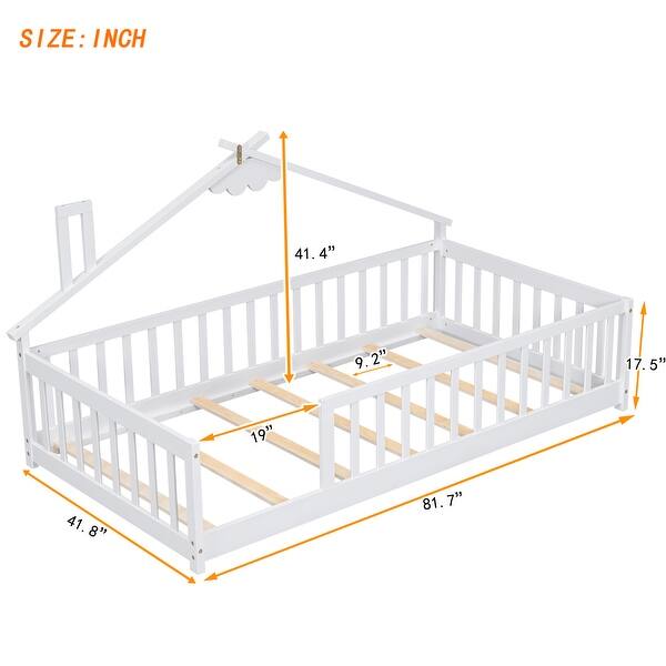 White Twin Size Pine Wood House-Shaped Bed with Guardrails, No Door