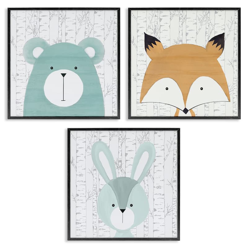 Stupell Whimsical Woodland Nursery Animals Framed Giclee Art Design By Kim Allen (Set of 3) - 17 x 17 - Black