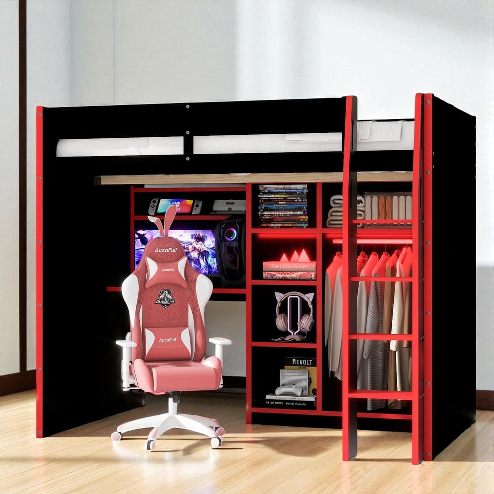 Full Size Wood Loft Bed with Desk, Open Wardrobe, Shelves and RGB LED Lights for Gaming & Storage