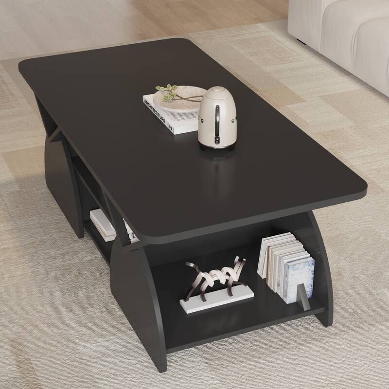 Engineered wood rounded corner rectangular coffee table for living room, easy assembly storage table