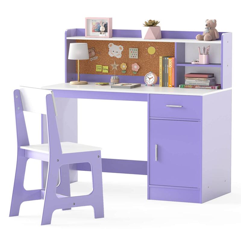 Costway Kids Study Desk and Chair Set Wooden Children Writing Table - See Details - Purple