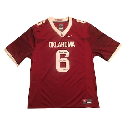 Baker Mayfield Autographed Oklahoma Sooners Signed Football Jersey BOOMER SOONER 2017 HEISMAN Beckett COA - 8'6" x 11'6"