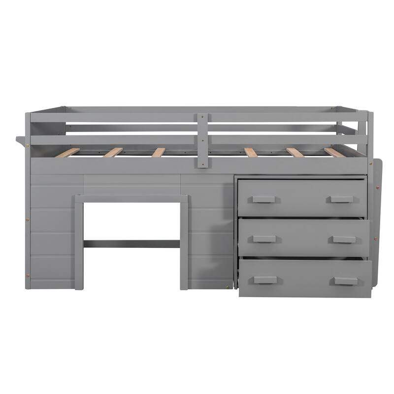 Compact Twin Loft Bed with Storage Cabinet and Shelf in Gray