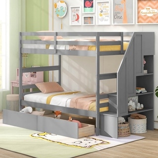 Solid Wood Bunk Bed Twin Over Twin Bed w/ Storage Stairs & Drawers