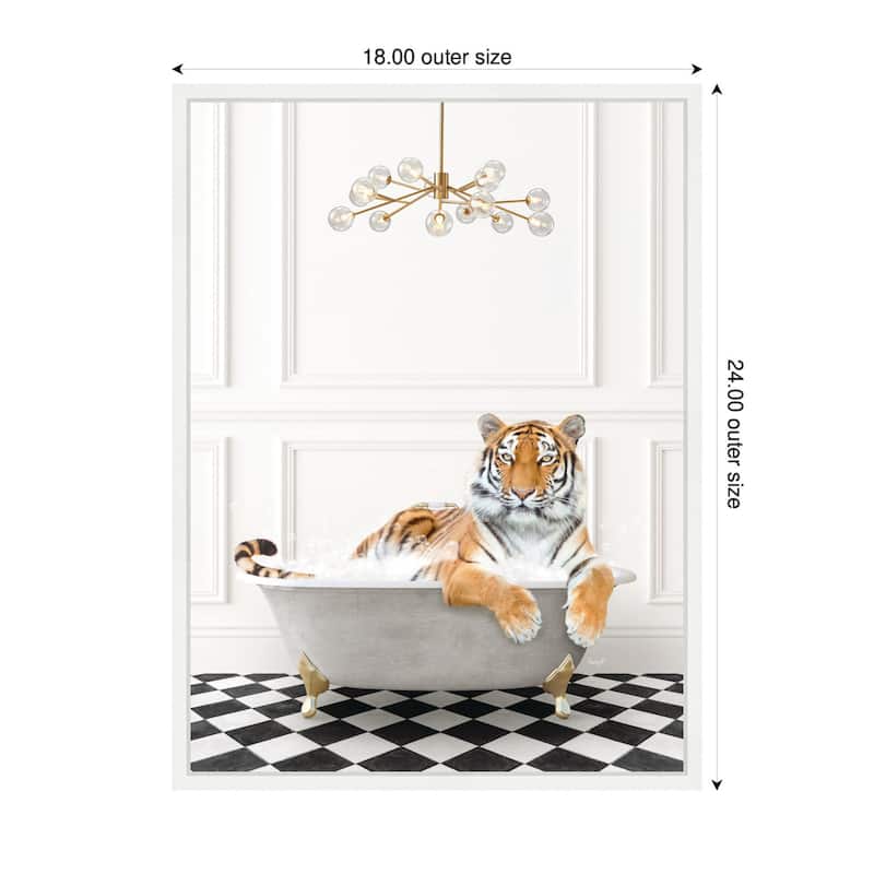 Kate and Laurel Sylvie Tiger in Gray Bathtub Checker Floor Framed Canvas by Amy Peterson