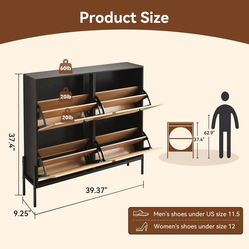 Space-Saving Rattan Shoe Cabinet with 4 Flip-Down Doors-Elegant Narrow Storage for Entryways & Hallways