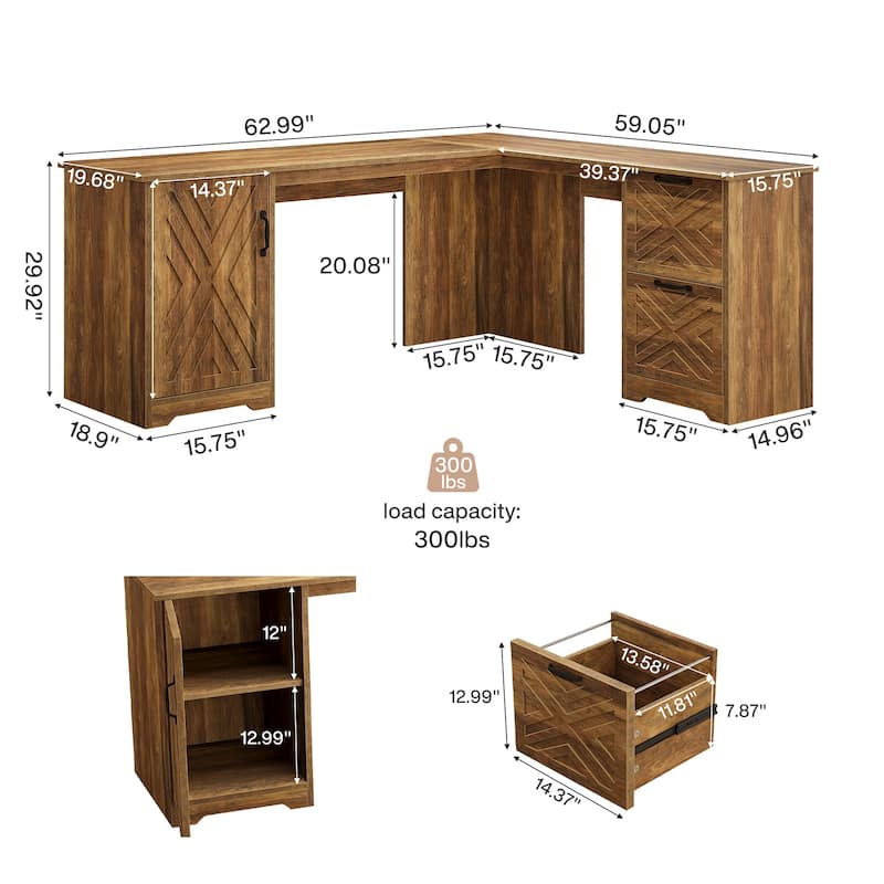 63 Inches Large L Shaped Executive Desk with File Cabinet and Drawer