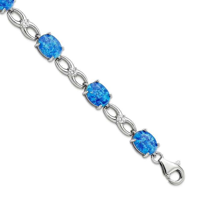Curata 925 Sterling Silver 7.25" Rhodium-plated Blue Simulated Opal and Cubic Zirconia Bracelet