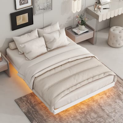White Full Floating Platform Bed with LED Lights, Modern Design - No Box Spring Needed