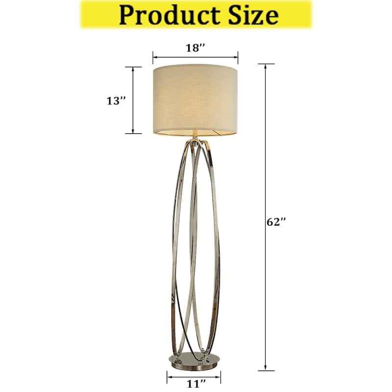 CraftHome 62'' Elegant Modern Polished Nickel Metal Floor Lamp With Ivory Fabric Drum Shade For Living Room - W14''
