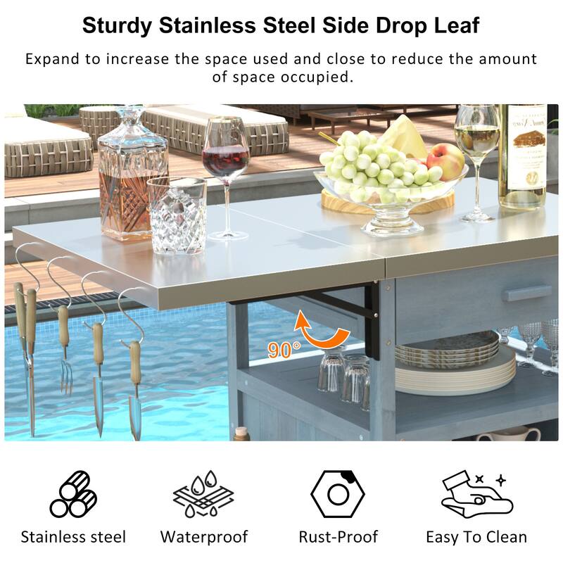 40.5" Outdoor Grill Cart with Stainless Steel Top, Drop Leaf, One Drawer, Towel Rack, Rolling Kitchen Cart with Lockable Wheels