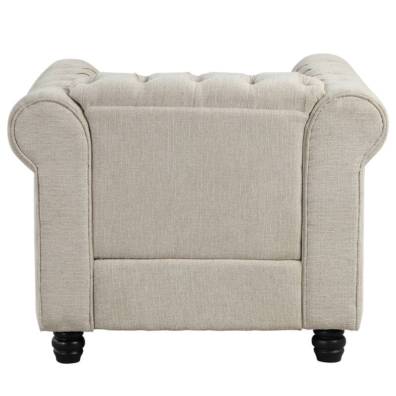 Morden Fort Button Upholstered Chesterfield Set Chair, Loveseat ,Sofa 3 PCS for Living Room,Linen,Solid Wood Legs