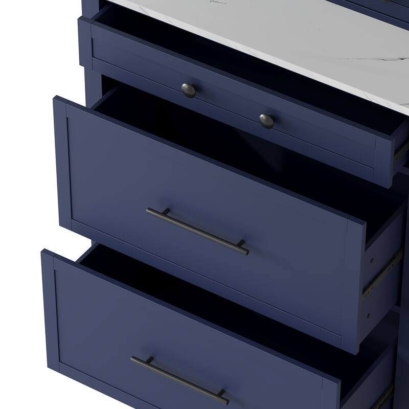 Tall Kitchen Pantry Cabinet, Storage Cabinet with Faux Marble Top, Freestanding Kitchen Hutch with 5 Drawers & Adjustable Shelf