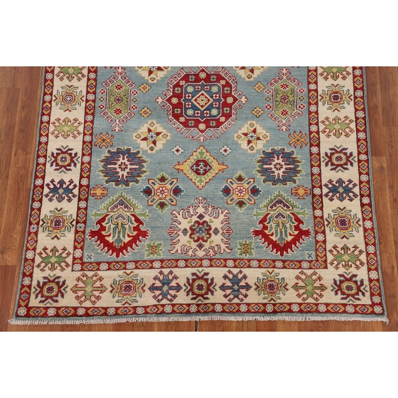 Traditional Light Blue Geometric Kazak Rug Hand-Knotted Wool Carpet - 4'11" x 6'9"
