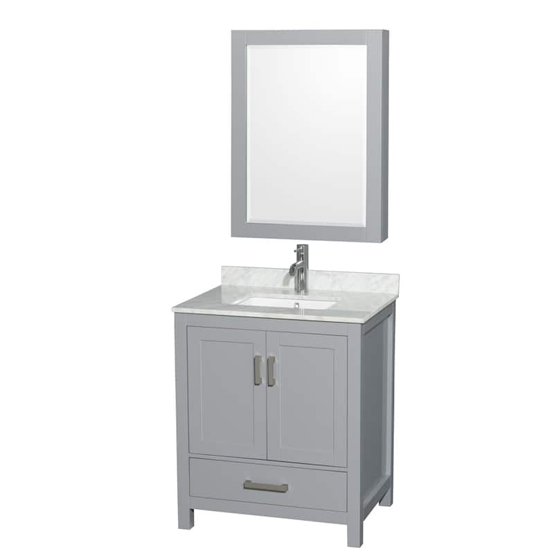Wyndham Collection Sheffield Single Vanity Set, Medicine Cabinet - 30-Inch Single - Gray, White Carrara Marble Top, Chrome Trim