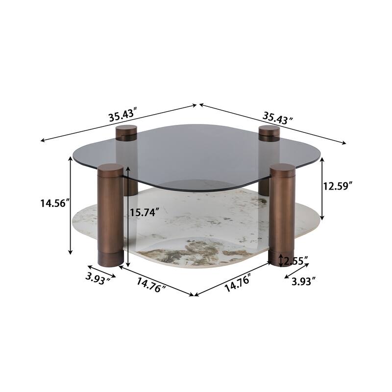 35 in. Square Tempered Glass and Stone Tabletop Modern Coffee Table with Steel legs