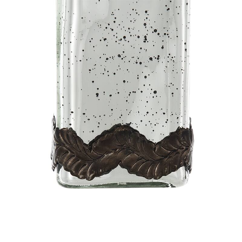 D3x12" Antique Silver Decorative Glass Bottle Vase with Bronze Leaf Accents