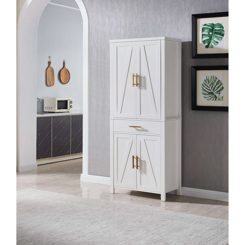 Kitchen Pantry Storage Cabinet, Adjustable Shelves & Drawer, White - White