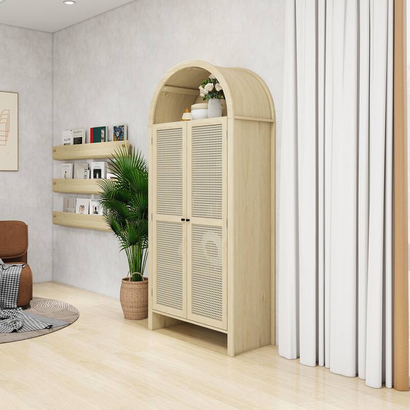 70.28" Tall Arched Kitchen Pantry, with 2 Adjustable Shelves,Rattan Door Versatile Storage Cabinet