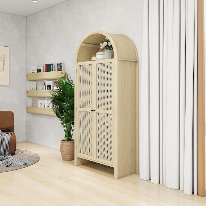 Roomfitters 70.28" Tall Arched Kitchen Pantry Cabinet, Modern Farmhouse Storage Cabinet with Glass Doors, Natural - Natural