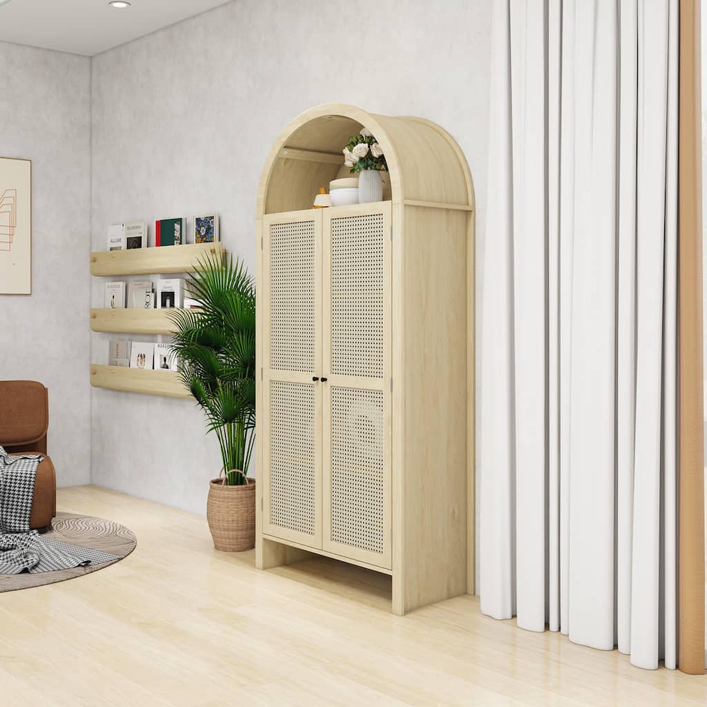 Wooden Arched Kitchen Pantry Cabinet, Storage Cabinet with 2 Rattan Doors, Freestanding Cupboard with 2 Adjustable Shelves