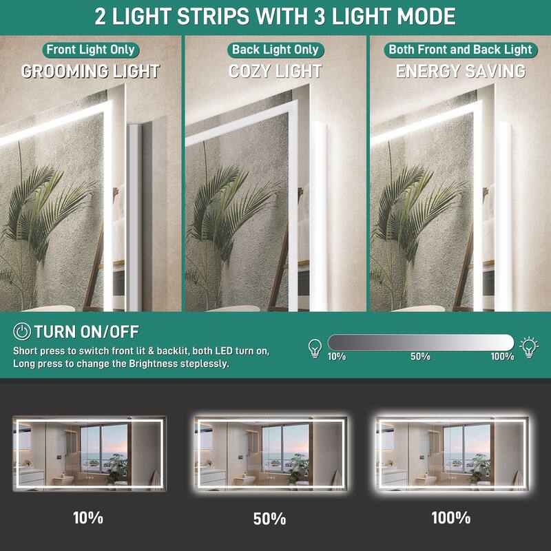 Durx-litecrete Rectangular Frameless Wall Mount 3 Colors Dimmable Anti-fog LED Bathroom Vanity Mirror