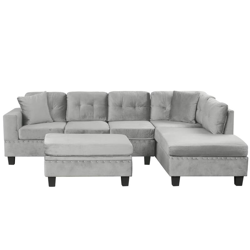 105.1" Velvet L-Shaped Sectional Sofa with Ottoman & Cup Holders