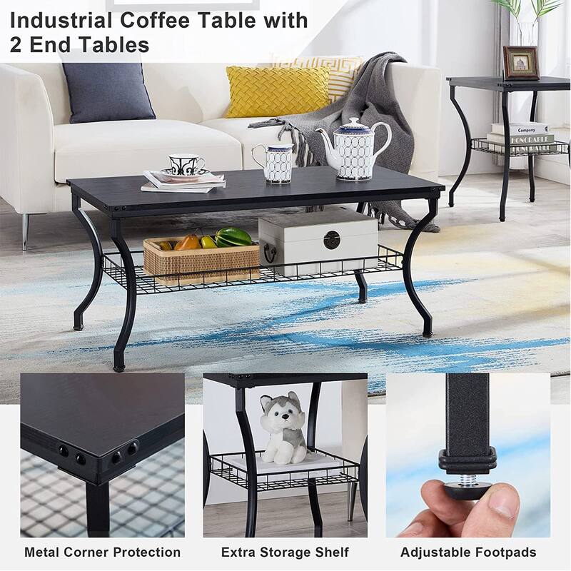 VECELO Mid Cectury 3-pieces Coffee Table Set, 3-Piece Living Room Table Set(Set of 3)
