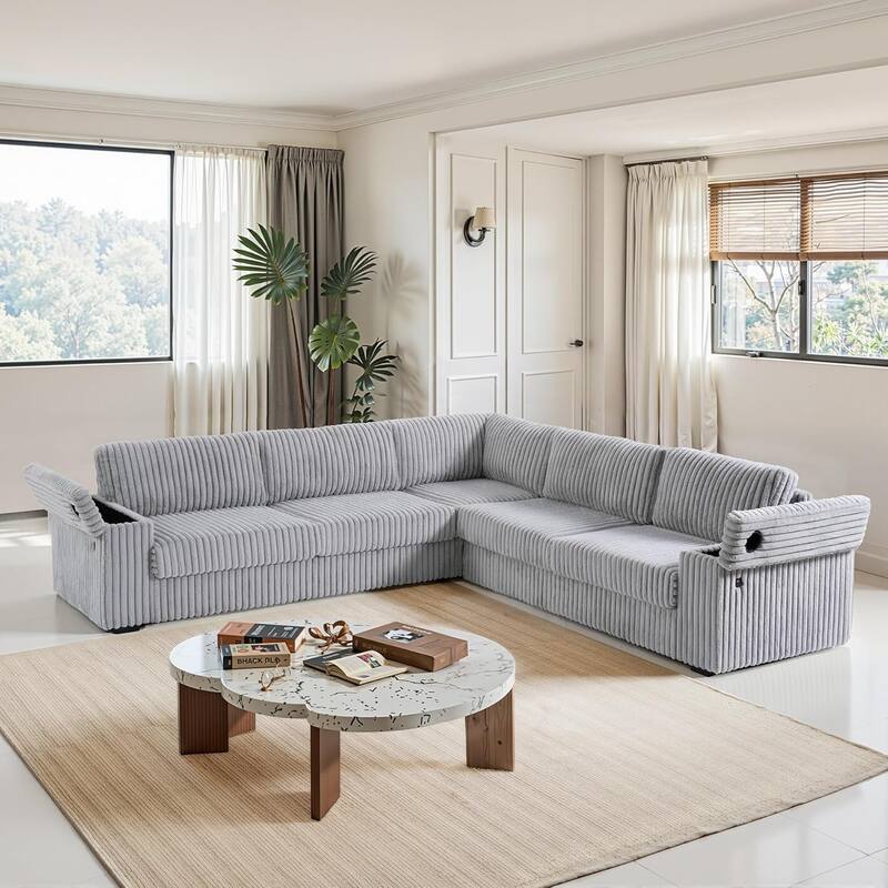 5 Piece 109.5" L-Shaped Corduroy Track Arm Modular Sectional Sofa - Light Gray Corduroy