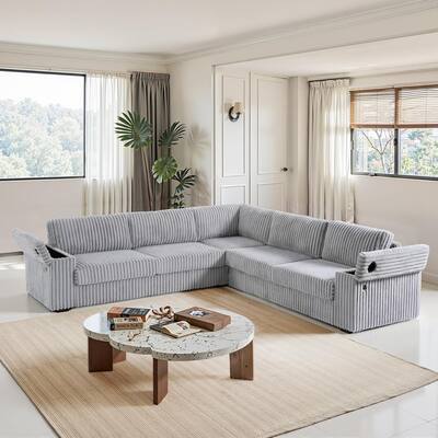 5 Piece 109.5" L-Shaped Corduroy Track Arm Modular Sectional Sofa