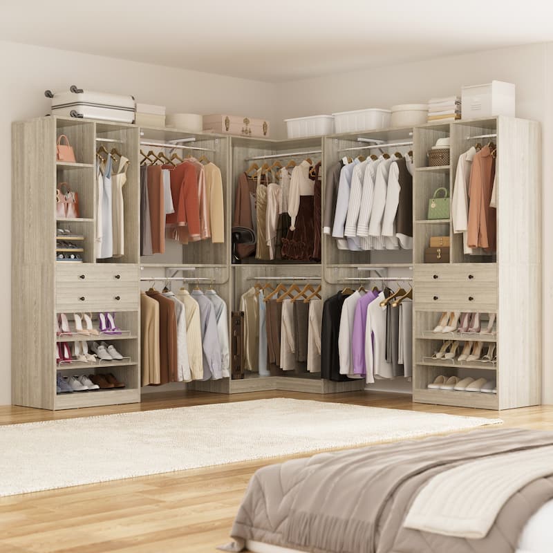 Rackcog Freestanding Corner Closet System Set, Closet Organizer with Hanging Rods and Drawers - 149.5'' W - Washed Oak
