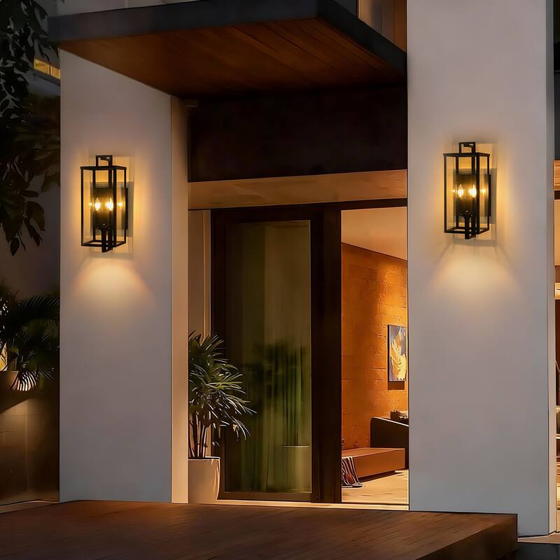 Matte Black Farmhouse Outdoor Wall Lantern Sconce - 3 Variants (16in 1-Light/22in 2-Light/27in 3-Light), Clear Glass, Wet Rated