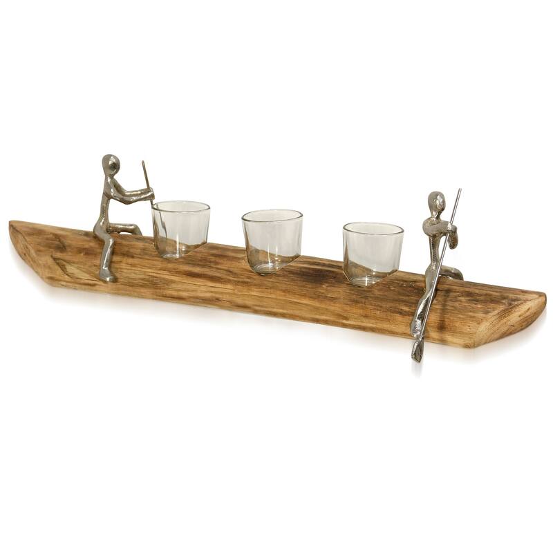 Natural Carved Wood Canoe with Paddling Pewter Figurines & Three Glass Candle Holders - Multicolor