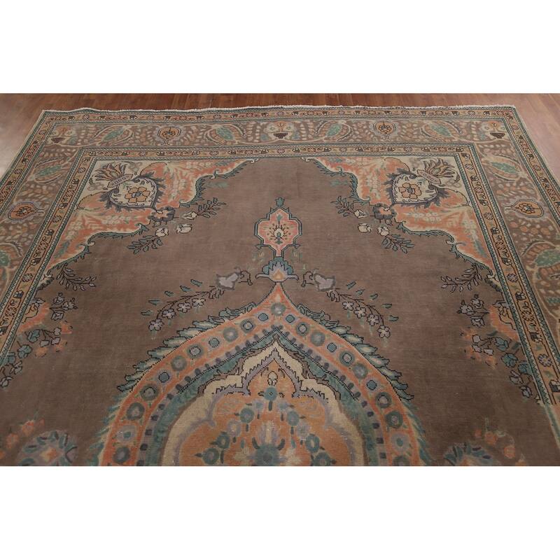 Brown Geometric Tabriz Vintage Persian Area Rug Handmade Wool Carpet - 9'4" x 12'5"