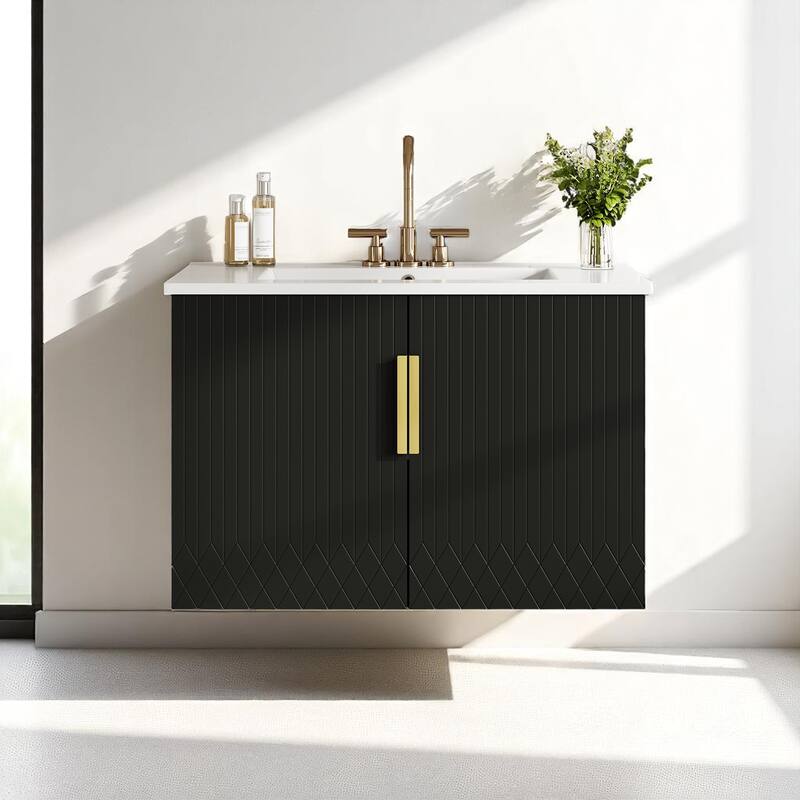 Modern 30 Inch Bathroom Vanity with Sink, Wall-Mount Cabinet with 2 Doors, Black Finish, Solid Wood and Ceramic Basin - Black