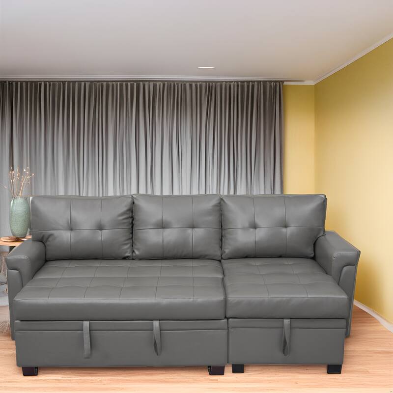 Modern Reversible Convertible Sleeper Sectional Sofa Bed - L-Shape with Storage Chaise, Wide Armrest and Durable Legs - Gray, Air Leather