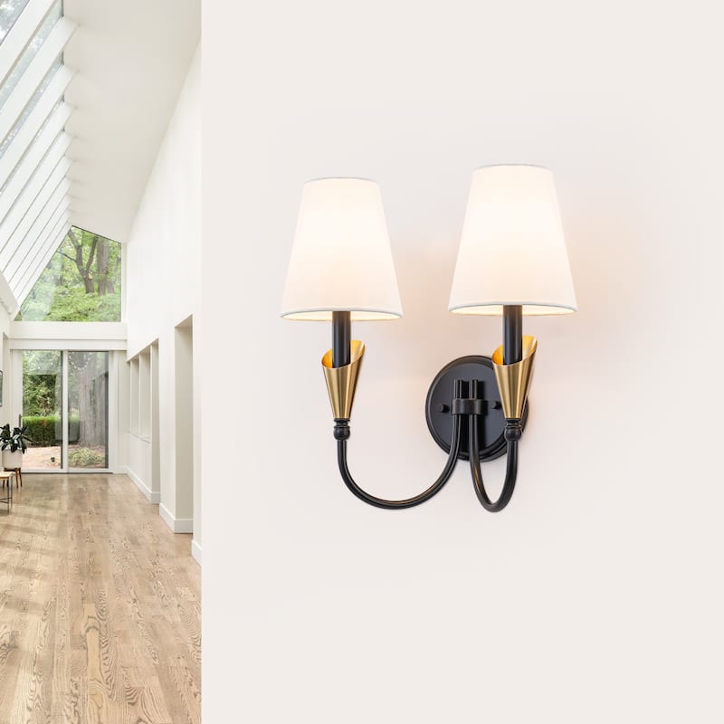 2-Light Matte Black & Gold Wall Sconce Traditional Fabric Shades