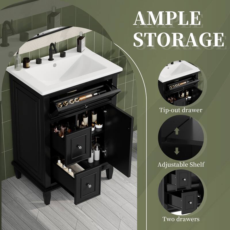 24" Bathroom Vanity with Sink - Solid Wood/MDF Cabinet, Flip Drawer + 2 Drawers, Adjustable Shelf
