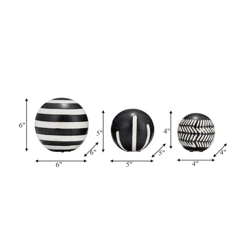 Sagebrook Home Set of 3 Decorative Orbs Contemporary Black and White Tribal Design Round Orb Decor - 6" x 6" x 6"